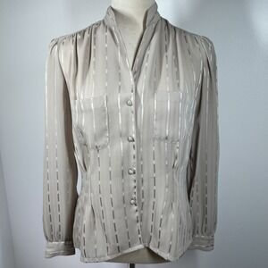 Nicola Vintage Sheer Tan Long Sleeve Blouse Button-up with Pockets Large Neutral